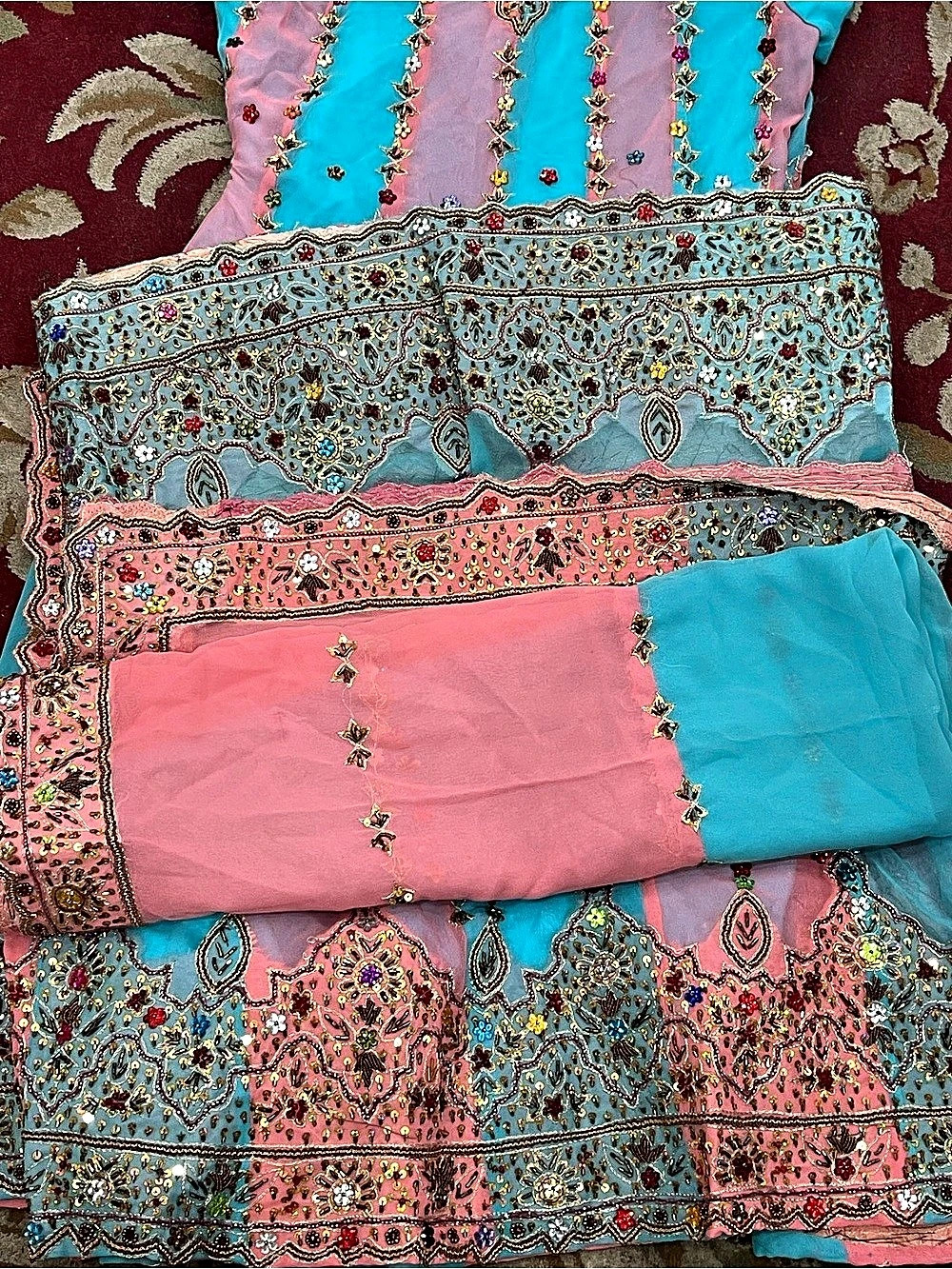 Embroidered Kurta in Pink & Blue